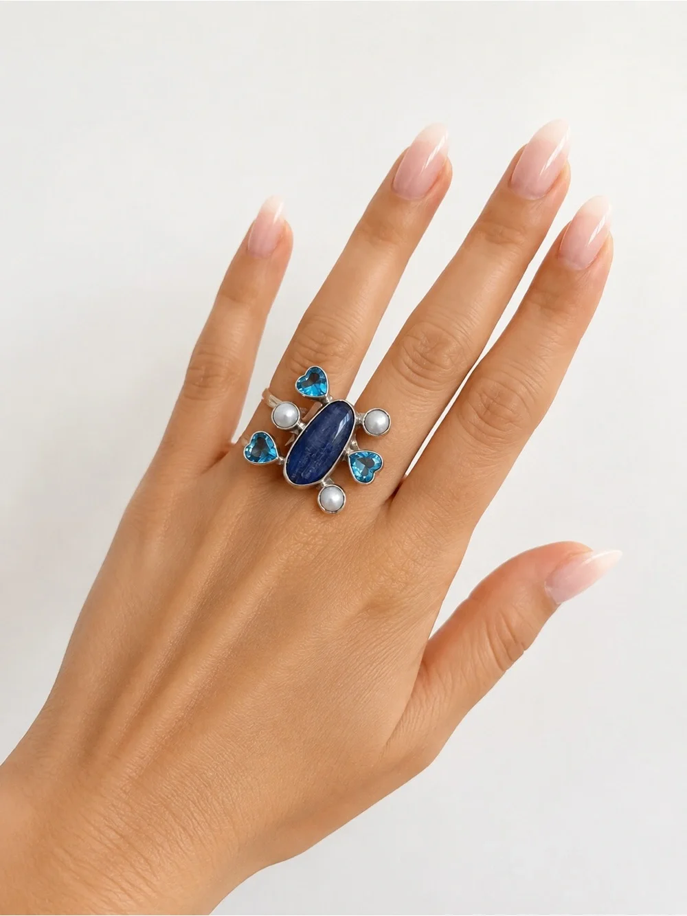 Silver Blue Lapis Gemstone Statement Ring -aquamarine & Pearl